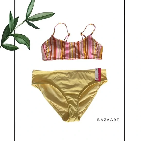 Xhilaration Striped Bralette Bikini Top & Xhilaration Yellow Bikini Bottom - Picture 1 of 7